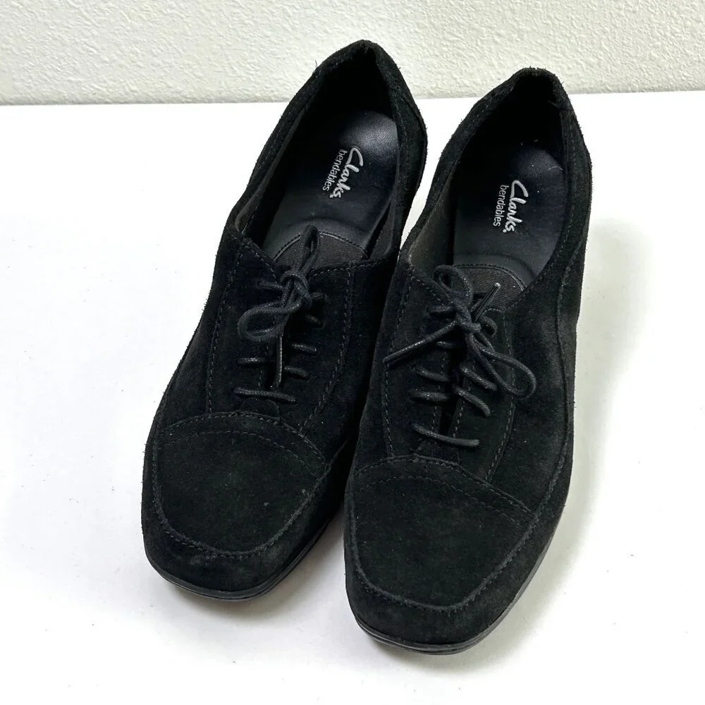 Clarks Bendables Heeled Loafers Size 10 M Black Suede Leather Tie Witch 80892